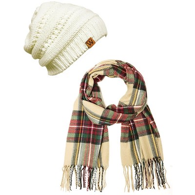 Wrapables Plaid Print Long Scarf and Beanie Hat Set, Red / Green + Cream Beanie