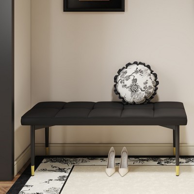 Multifunctional Shoe Bench, Entryway Bench Bed Bench with Faux PU Cushion, Sturdy Metal Legs with Gold Accents, Black - ModernLuxe