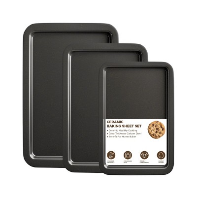 Itopfox Ceramic Baking Sheet Pan Set, Nonstick Cookie Sheets for Oven with Wider Grips, 3-Pack Bakeware Trays, Premium Dishwasher Safe - Dark Grey