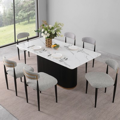 Modern 7-Piece Faux Marble Dining Table with Boucle Armless Chairs in Dining Room Set for Kitchen -Morden Fort