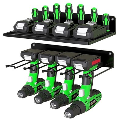 Angel Sar Heavy-Duty Metal Drill Organizer, 2-Pack Tool Storage Rack with 8 Slots, 60lbs Max Load, Wall-Mount Drill Holder for Garage Workshop