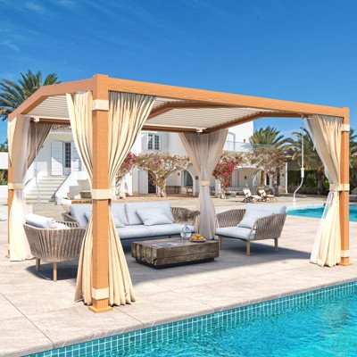 EROMMY 11x13ft Louvered Pergola with Adjustable Rainproof Roof, Wood Grain Outdoor Aluminum Pergola for Patio, Lawn & Garden