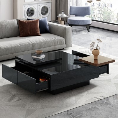 13.2" H Movable Square Top Coffee Table with 4 Hidden Storage Drawers and High Gloss Finish for Living Room, 4L-ModernLuxe