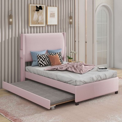 ORRD Pink Twin Upholstered Bed with Trundle, USB & Storage Pocket – Teddy Fabric