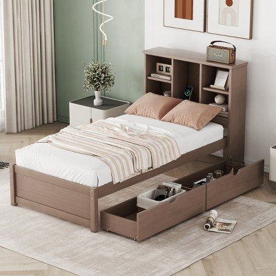 RISOKEYS Modern Twin Size Wooden Bed Frame with Bookcase Headboard and 2 Drawers for Storage,No Box Spring Needed,Perfect for Teens and Adults