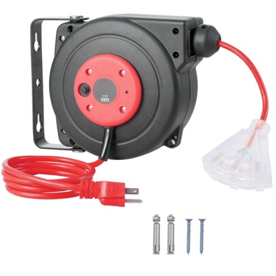 VEVOR Retractable Extension Cord Reel, 30 FT, Heavy Duty 16AWG/3C SJTOW Retractable Power Cord Reel with Lighted Triple Tap Outlet, Black