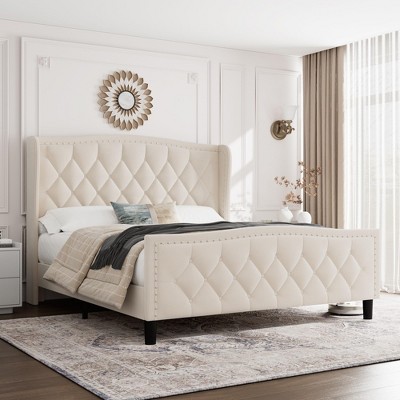 Upholstered Full Bed Frame with 4 Storage Drawers, Wingback Headboard, Charging Station, Diamond Tufted, No Box Spring Needed