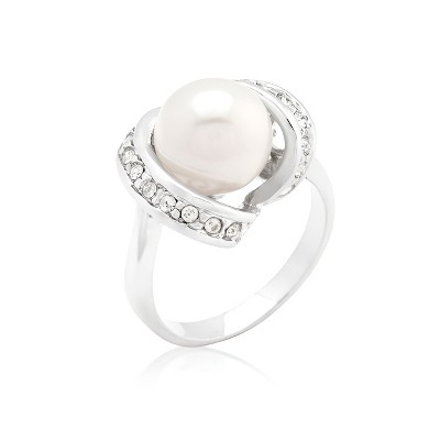 Slickblue Women’s White Pearl Cocktail Ring – Rhodium Finish with Sparkling Ribbon Setting, Sizes 5-10