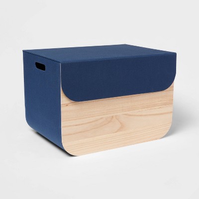 Large Natural Wood Rectangular Kids' Storage with Lid Navy - Pillowfort™: Toy Basket with Cut-Out Handles
