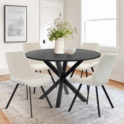 5-Piece Solid Black Round Dining Table Set for 4 Armless Upholstered Dining Chairs Metal Legs for Dining Room Kitchen -Maison Boucle