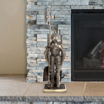 Hastings Home Medieval Knight Cast Iron Fireplace Tool Set - Antique Brass Finish