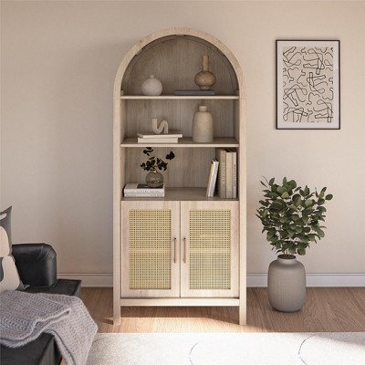 ORRD Arched Display Cabinet with Rattan Doors, 5-Tier Bar & Pantry Storage Bookcase for Kitchen & Dining Room