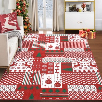 Washable Christmas Patchwork Pattern Rug Non Slip Low Pile Rug Soft Throw Floor Cover Foldable Indoor Carpet for Living Room Bedroom Playroom Nursery
