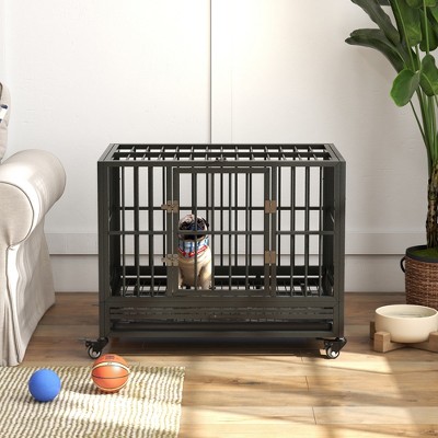 Akoasm 36  Inch Metal Heavy Duty Dog Crate & Kennel With Lockable Wheels & Door And Removable Tray-Gray