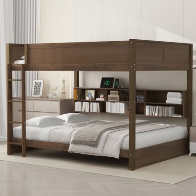 Whisen Queen over Queen Bunk Bed with Storage Cabinets and USB Ports
