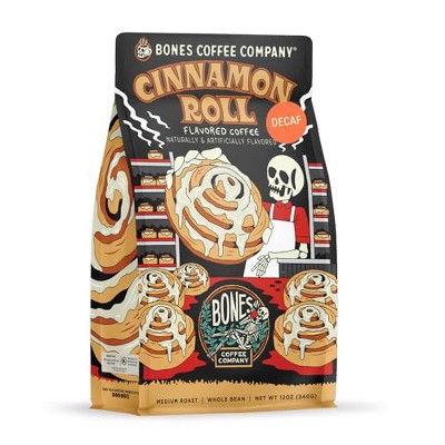 Bones Coffee Company Cinnamon Roll Flavored Medium Roast Decaffeinated Coffee 12 oz (Whole Bean)