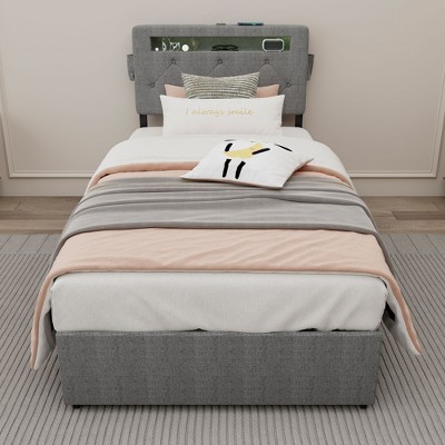 PAGED Bed Frame with Storage, Lift Up Storage Bed with Modern Wingback Headboard and USB Ports, Box Spring Not Required