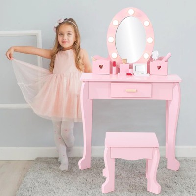 Lighted Kids Vanity Table Set with Chair - Toddler Makeup Playset for Girls - Perfect for Pretend Play & Grooming Fun