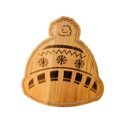 Slickblue Winter Hat Shaped Wood Board 13.5"x15" - Festive Pine Wood Tray with Snowflakes & Pompom for Holiday Snacks