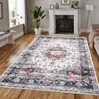 Vintage Area Rug Distressed Non Slip Throw Carpet Non Shedding Low Pile Carpet Stain Resistant Easy Cleaning Floor Cover for Bedroom Living Room