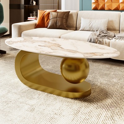 Modern Oval Coffee Table for Living Room, Marble Pattern Sintered Stone Coffee Tabletop with Gold Stainless Steel Base in 47.2in