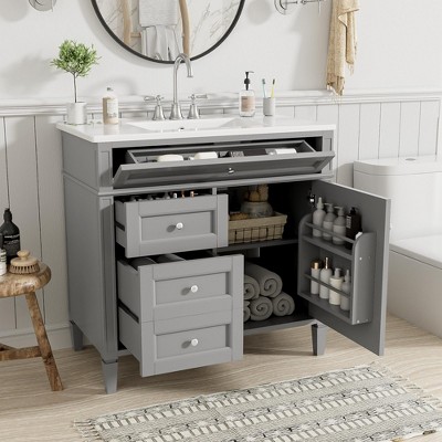 Grungis Bathroom Vanity with Single Top Sink,Modern Bathroom Vanity Storage Cabinet with 2 Drawers and a Tip-out Drawer
