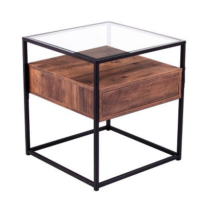 Olivern Glass-Top End Table with Storage - Black - SEI