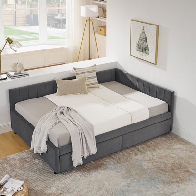 Kumasinova Upholstered Full Size Bed Frame,Velvet Tufted Full Bed Frame Frame with 2 Drawers/Trundle,Daybed with Backrest&Armrests(&Tufted Sofa Bed)
