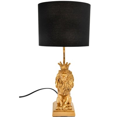 Storied Home Resin Lion Table Lamp with Black Linen Shade, Gold Finish