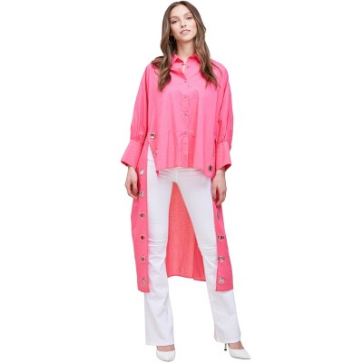 Slickblue Women’s Oversized Cotton Shirt, Long Back with Ring Detail, Button Front Top, Pink, Size S–XL