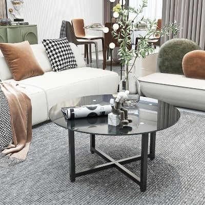 NicBex Modern Round Tempered Glass Coffee Table,Side Table with Cross Leg,Center Table for Living Room,Black
