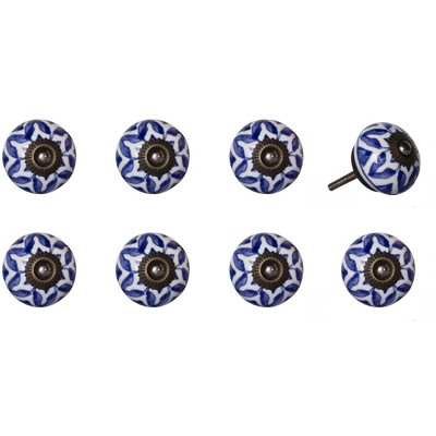 HomeRoots Set of Eight Blue And White Ceramic And Metal Drawer Pull Knobs