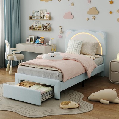 Acekool Kids Twin Upholstered Platform Bed, Adjustable Headboard, LED Light, Wooden Slats, No Box Spring Needed