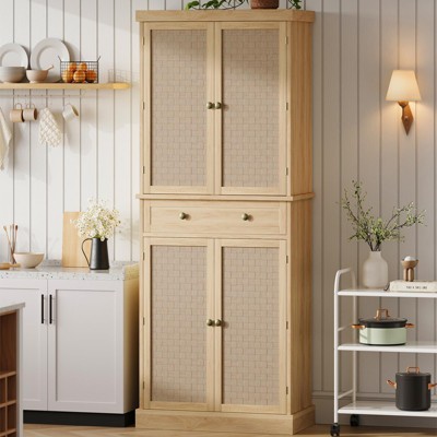 Kitchen Pantry Cabinet,Woven Rattan Kitchen Storage Cabinets with 4 Adjustable Shelves and Drawer, for Dining Room, Living Room, Wood Color
