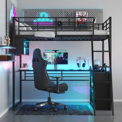 Twin/Full Size Metal Loft Bed with LED Light, Desk and 4 Storage Shelves, Black - ModernLuxe