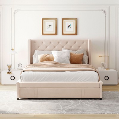 Okak Queen Size Velvet Platform Bed Frame with Big Storage Drawer Upholstered Modern Bed with Wingback Headboard Easy to Assemble