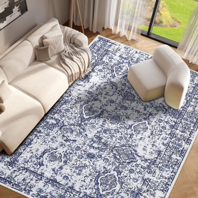 Washable Vintage Printed Rug Non Slip Low Pile Rug Soft Throw Floor Cover Foldable Indoor Carpet for Living Room Bedroom Playroom Nursery