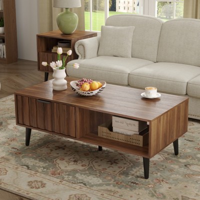 Bekrvio Mid Century Modern Fluted Coffee Table Nightstand,Walnut Coffee table and Side Table with Storage Drawers for Living Room