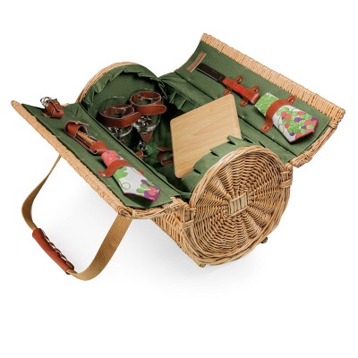 Cylinder Wine Picnic Basket - Picnic Time: Wicker, Gingham Check, Easy-Close, Green & Brown, 17" H, 18.5" D, 12" W