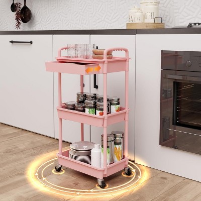 Tree City 3-Tier Rolling Cart with Drawer, Space-Saving Mobile Organizer for Kitchen- 330lbs Capacity Pink