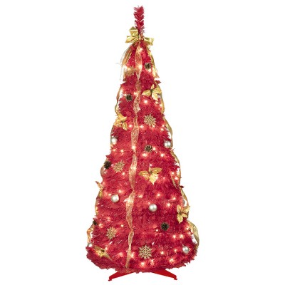 ACEPANO 72 in. H Pop-Up Christmas Tree with 4 Ribbons, Bow, Flowers, Snowflakes & Pine Cones For Holiday Indoor Home Decoration-Red