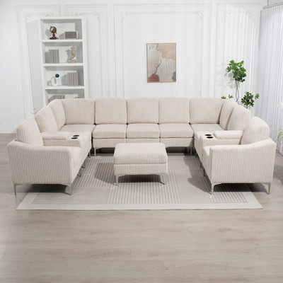 Aortzio 132.48"W Corduroy Sofa U Shaped Couch Modular Sectional Sofa Storage Couch Livingroom Couch Sofa With Movable Storage Ottoman