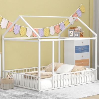TIRAMISUBEST Metal House Bed Floor Bed with Fence and Roof Design, Twin/Full Size Montessori Bed House Floor Bed for Kids Teens