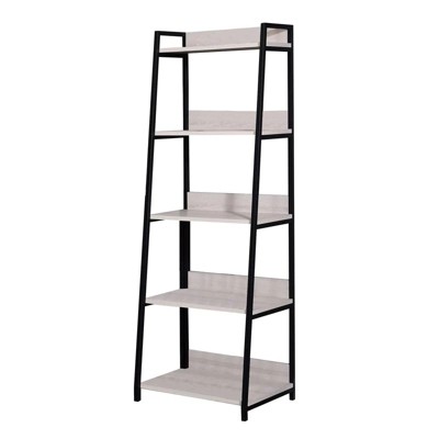 HomeRoots 67" Natural and Black Metal Five Tier Ladder Bookcase