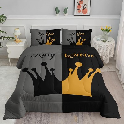 Hachikiko Crown Comforter Set - Grey & Black His & Hers Matching Bedding, Romantic Couples Gift