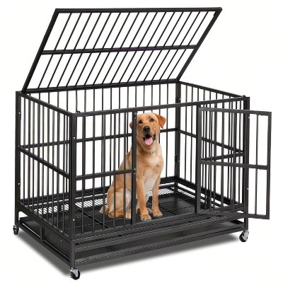Heavy Duty Dog Crate, Indestructible Dog Kennel with Wheels and Removable Tray, Indoor Outdoor Cage Kennel with Sturdy Locks Design