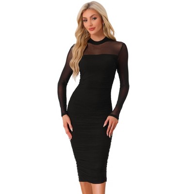 INSPIRE CHIC Women's Mesh Mock Neck Long Sleeve Ruch Elegant Cocktail Bodycon Dress