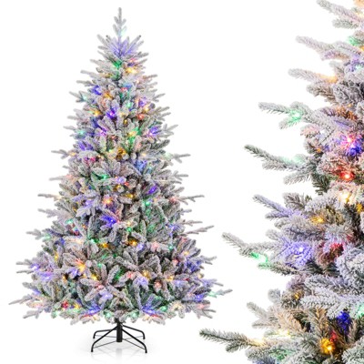 Costway 4.5/6/7 FT Flocked Christmas Tree with 8 Lighting Modes 160/260/350 Multi-Color LED Lights