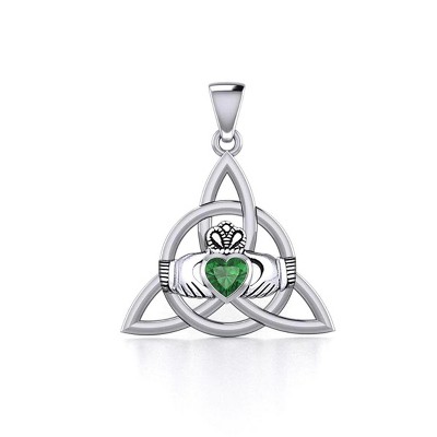 Slickblue Triquetra Claddagh Silver Pendant with Emerald Heart Gemstone, 1.18” Pendant and 18” Chain