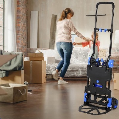 Acekool 2-in-1 Folding Hand Truck Dolly with Folding Basket, 330 lbs Capacity, 4 Wheels Platform Truck with Retractable Handle, Blue
